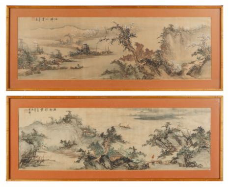 A PAIR OF CHINESE SCHOOL PAINTINGS ON SILKSpring Boating Scenes ,pigment on silk laid on board 99 x 38 cm (39 x 15 in.) each 