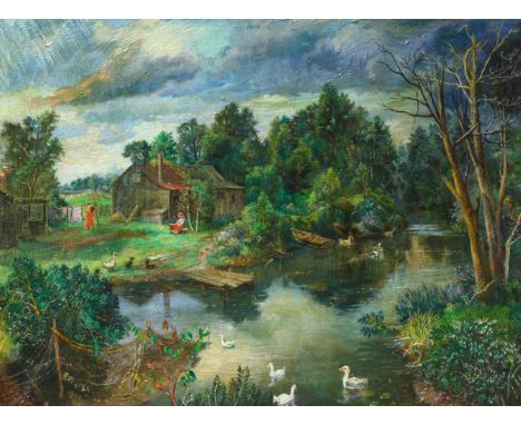 DAVID BURLIUK (RUSSIAN 1882-1967)The Pond ,1948oil on canvas77 x 102 cm (30 1/4 x 40 1/8 in.)signed and dated lower leftPROVE