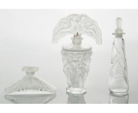  GROUP OF THREE GLASS PERFUME BOTTLES comprising:  a)  BROSSE "FEMMES AILEES" PERFUME BOTTLE AFTER LUCIEN GAILLARD, REPRODUCE