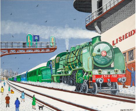 ANDRE DEMONCHY (FRENCH 1914-2003)Train A Vapeur Cherboure Pairs Passant en Gare de Lisieux,oil on canvas50 x 61 cm (19 3/4 x 