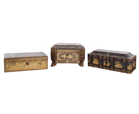 GROUP OF THREE LACQUERWARE TEA CADDIES comprising:  a) A PEWTER INLAID TEA CADDY, CANTON, 19TH CENTURY, of rectangular form, 