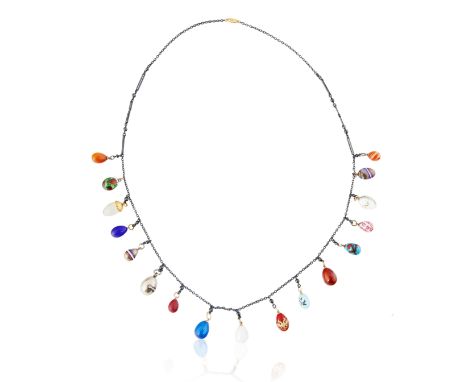 RUSSIAN NECKLACE WITH 17 MINIATURE EGG PENDANTS17 egg pendants on a gunmetal chain; length of chain: 37 cm (14 5/8 in.), smal