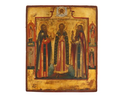 19TH CENTURY ANDREI OF SMOLENSK AND SAINTS ICONdepicting full-length portraits of Andrei of Smolensk (center), Daniel the Pil