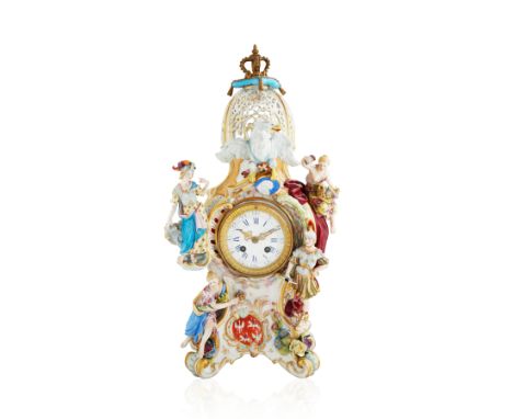 MEISSEN-STYLE PORCELAIN MANTLE CLOCKthe Rocaille clock, with partial gilt body, the lower left frontal body decorated with th