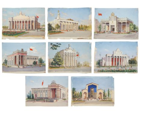 EIGHT WORKS BY NIKOLAY SHISHLOVSKIYViews of the Pavilions of the All-Union Agricultural Exhibition of 1939,gouache on paper 2