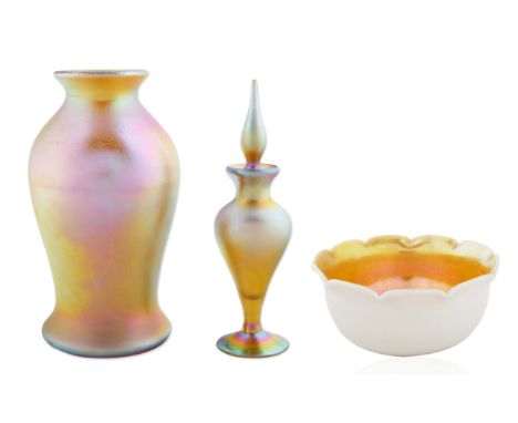 GROUP OF THREE QUEZAL ART GLASS DECORATIVE PIECES comprising: a) QUEZAL FAVRILE GLASS FLORIFORM FINGER BOWL, of rounded form 