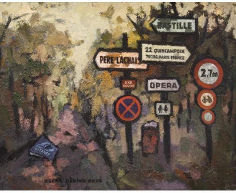 OSCAR RABIN (RUSSIAN 1928-2018)Road Signs in the Bois de Vincennes,2002oil on canvas65 x 81 cm (25 5/8 x 31 7/8 in.)signed an