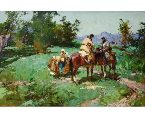 STEPAN KOLESNIKOFF (RUSSIAN 1879-1955)Onward riders,oil on panel44.5 x 26 cm (17 1/2 x 10 1/4 in.)signed lower left; artist's