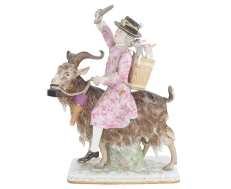  AFTER JJ KAENDLER A MEISSEN TAILOR ASTRIDE A GOAT modelled as a tailor atop a billy goat, the tailor wears a floral overcoat