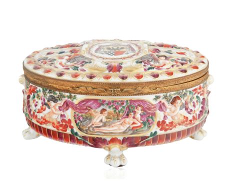 LATE 19TH CENTURY CAPODIMONTE  PORCELAIN VANITY BOXoval situated atop four white and gilt animal pawas, the body adorned with