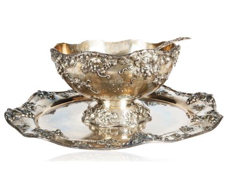 THEODORE B. STARR LARGE SILVER PUNCH BOWLthree piece punch bowl silver service, each with a repousse grapevine motif, each ma