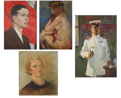FOUR RUSSIAN SOCIALIST REALIST OIL PORTRAITScomprising:a) ALEKSANDRA IVANOVNA YAKUSHEV (RUSSIAN 1900-1986), Self-Portrait, 19
