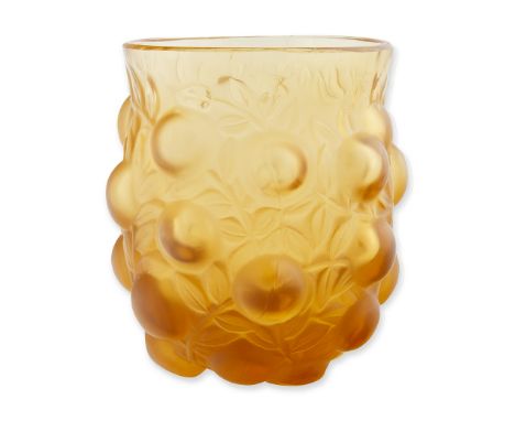 POST 1945 MINI ORANGE LALIQUE VASErounded form, the body with a relief of tangerines against a foliate ground, all against a 