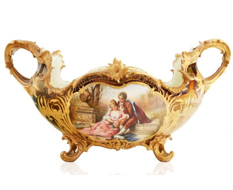 ACKERMANN &amp; FRITZE PAINTED JARDINIERE Royal Vienna style, with two foliate handles terminating from the body, the recto f