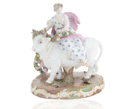 19TH CENTURY MEISSEN EUROPA PORCELAIN GROUPEuropa sitting atop a white bull, draped in soft fabrics with roses in her hair, a