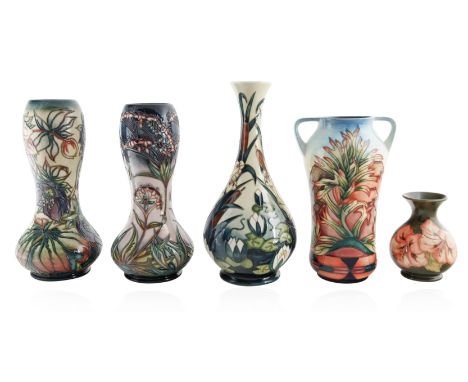 GROUP OF FIVE MOORCROFT FLORAL VASESthe group of five Floral vases of various designs, shapes and sizes, each with impressed 