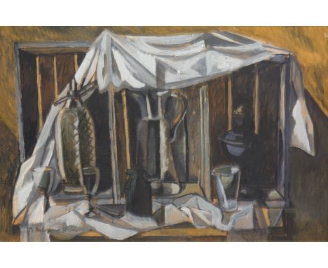 VIKTOR ELKONIN (RUSSIAN 1910-1994) Large Still Life with Three Boxes and White Sheet ,1981oil on board 67 x 100 cm (26 3/8 x 