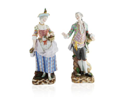 PAIR OF LARGE MEISSEN A LADY AND GENTLEMAN FIGURESmodelled after J.J. Kaendler, the pair dressed in 18th century clothing, th