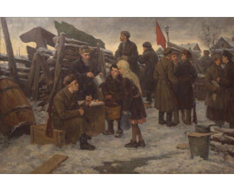 SEMEN NIKIFOROV (RUSSIAN 1877-1912)Morning on the Barricades,oil on canvas93 x 140 cm (36 5/8 x 55 1/8 in.)signed and titled 