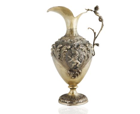 MID-20TH CENTURY ITALIAN SILVER LIONS PITCHERamphora form, with a single handle formed as a caryatid the body formed from aca