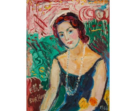 DAVID BURLIUK (RUSSIAN 1882-1967)Ella,1960oil on burlap  51 x 38 cm (20 1/8 x 15 in.) signed and titled lower left, dated low