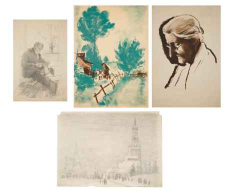 A GROUP OF FOUR WORKS ON PAPER BY NIKOLAI TROSHIN (RUSSIAN 1897-1990)comprising:a)Red Square. Lenin's Mausoleum Covered in Fr