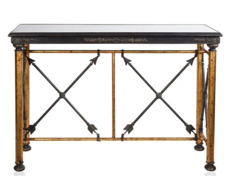 A CONTEMPORARY METAL AND BRASS CONSOLE TABLEthe console table of elongated rectangular form, with a brown and black fabricate