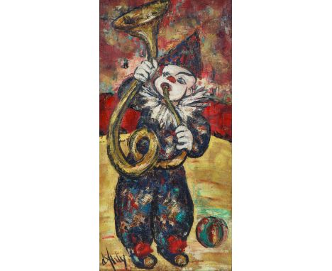 HENRY D'ANTY (FRENCH 1910-1998)Clown Playing a Horn,1974oil on canvas101 x 50 cm (39 3/4 x 19 3/4 in.) signed lower left; sig