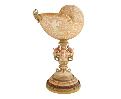 CIRCA 1862-1867 ROYAL WORCESTER PORCELAIN VASEformed as a nautilus shell, the exterior decorated with a foliate ground with t