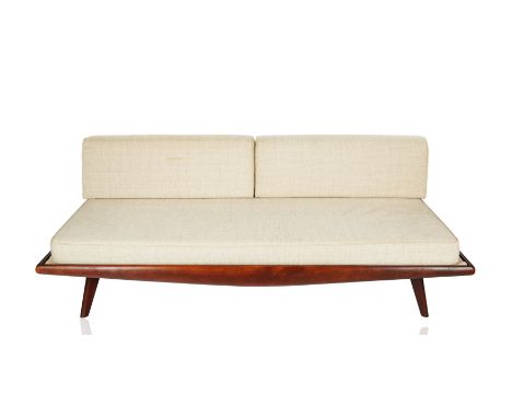 CIRCA 1960S MID-CENTURY MODERN DANISH-STYLE DAYBEDrectangular, stained teak frame, light blended wool upholstery, with two co