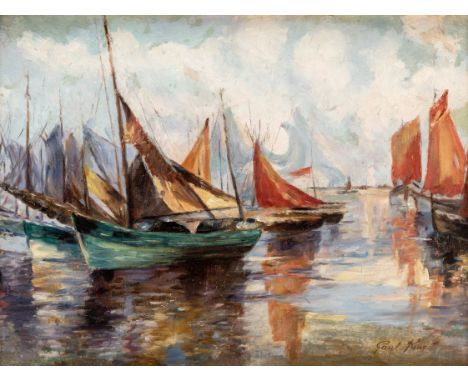 PAUL KING (AMERICAN 1867-1947),Sailboats in the Harbor,oil on canvas laid on board34 x 44 cm(13 3/8 x 17 3/8 in.)signed lower