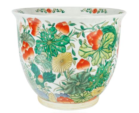 A CHINESE PORCELAIN FAMILLE VERTE FLOWER POT ovoid form, with a smoothed rim and foot rim, the body decorated with famille ve