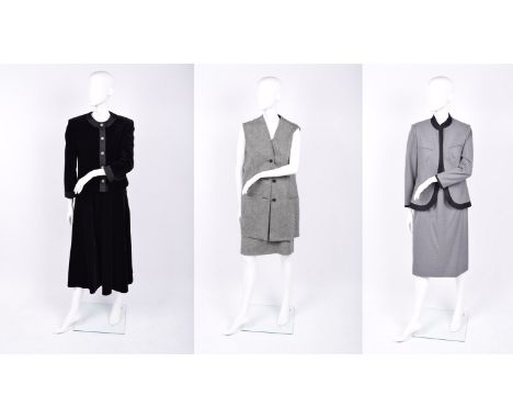 Jaeger velvet skirt suit with black ribbon trim and faux pearl and fretwork buttons , size 10, together with a Geny skirt and