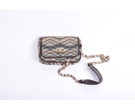 Missoni shoulder bag, woven chevron design in brown, gold and pink tones with metallic thread running throughout, brown leath