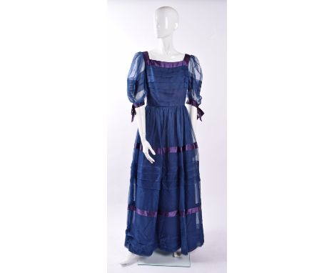 Belville Sassoon vintage navy and purple gown , tiered panel decoration to bust, sleeves and skirt, square neckline accented 