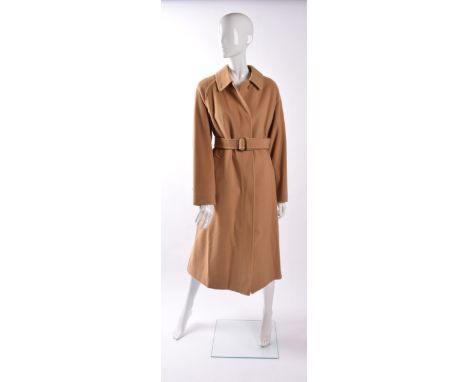 Burberry ladies' wool-cashmere camel trench coat , 3/4 length, hidden tortoishell button fastening, waistbelt with oblong tor