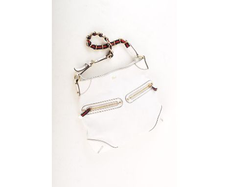 Gucci white leather shoulder bag, chain strap with blue and red interwoven material with buckle and adjustable settings, gold