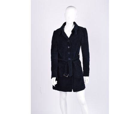 Biba vintage 3/4 length coat circa 1968, black with horizontal ribbing effect, 5-button fastening to front, single button fas