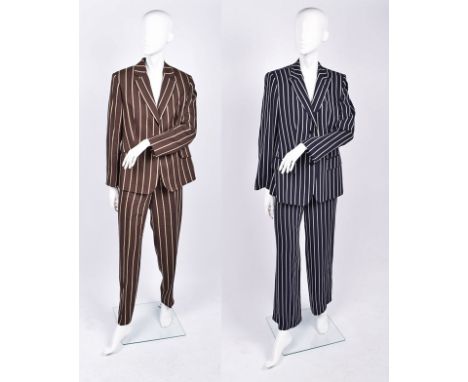 A Burberry linen-blend ladies' trouser suit , brown with tan pinstripe decoration, single button fastening, two pockets to fr