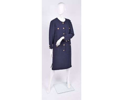 A Valentino 'Miss V' label shirt dress , navy with gold toned buttons, four pockets to front with single gold button fastenin