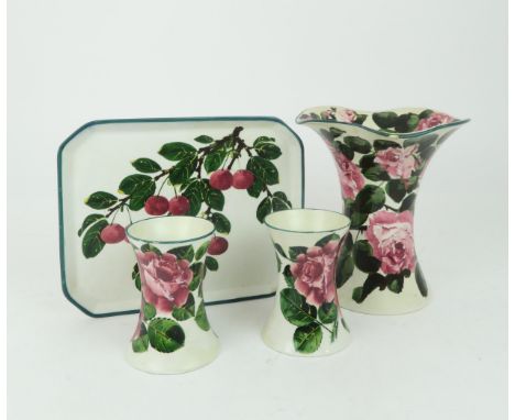 A WEMYSS LADY EVA VASE decorated with cabbage roses, 20cm high, a pair of waisted cabbage ware vases and a cherry pattern tra