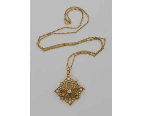 AN ART NOUVEAU PEARL &amp; DIAMOND PENDANT stamped 18 and SS for Samuel Smith &amp; Son, set with a 0.75ct old cut diamonds a