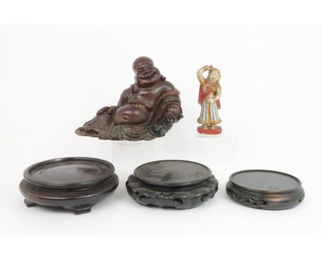AN INDIAN POLYCHROME AND MARBLE FIGURE the dancing woman with red and gilt costume, 17cm high and a Chinese carved and lacque
