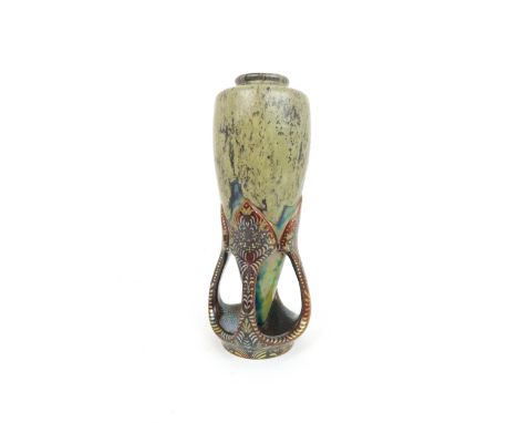 ZSOLNAY PECS EOSIN VASE the tapering iridescent&nbsp;body supported by four highly decorative arms, impressed mark and number