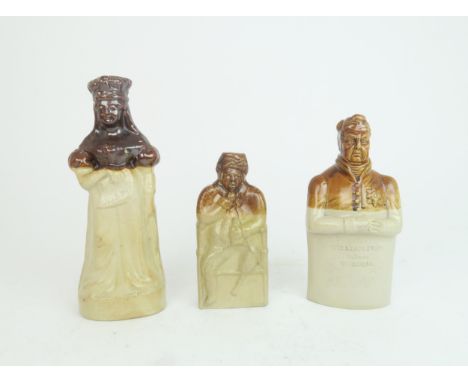 TWO DOULTON & WATTS SALT-GLAZED STONEWARE REFORM FLASKS one modelled as William VI, another modelled as Queen Victoria holdin