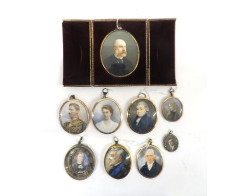 A COLLECTION OF PORTRAIT MINIATURES Comprising; seven male portraits and two female, watercolour on ivory and paper, various 