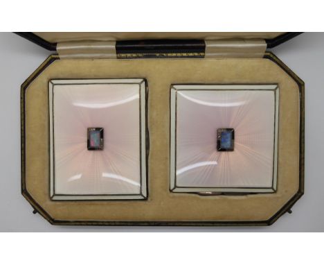 ART DECO LADIES COMPACT & CIGARETTE CASE the silver cases both with guilloche enamel with central motif set with opal doublet