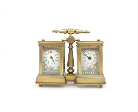 A 19TH CENTURY FRENCH MINIATURE BRASS AND PORCELAIN CARRIAGE CLOCK AND BAROMETER each with a porcelain dial painted with bird