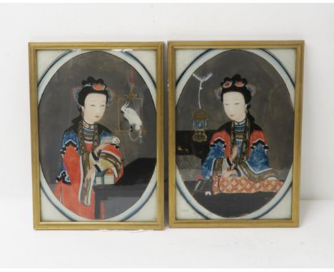 TWO CHINESE REVERSE PAINTED PORTRAITS one with a lady and cocktail, the other playing an instrument, 33 x 22cm and a portrait