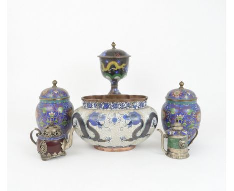 CHINESE CLOISONNE&nbsp; comprising;oval lobed bowl, 24cm wide, pair of covered jars, 19cm high, covered vessel, 22cm high and